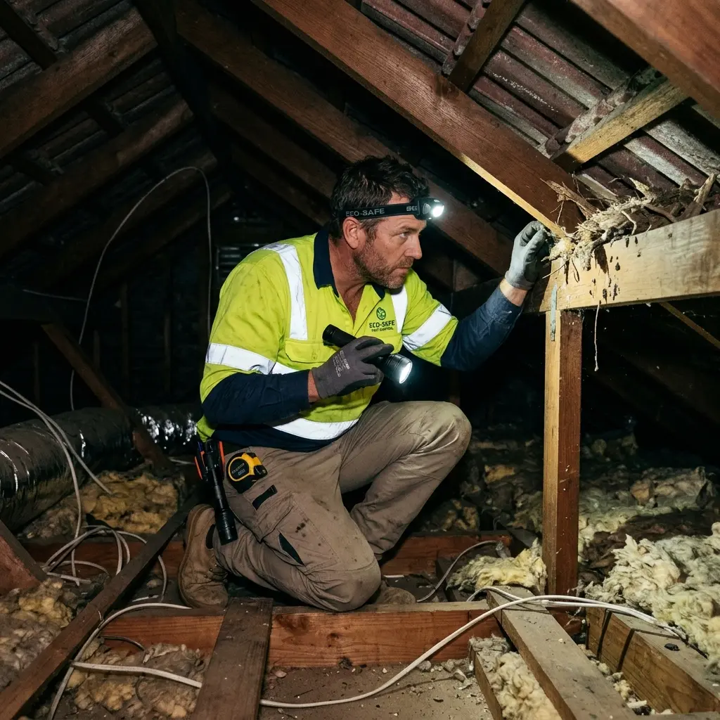 Technician inspecting a roof cavity for a dead animal in Alfredton