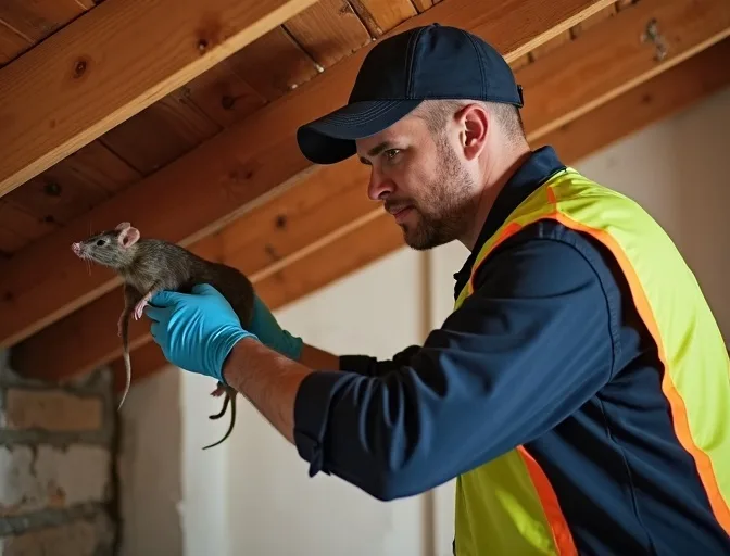 Technician inspecting a roof cavity for a dead rat in Alfredton